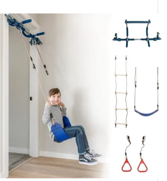 Gym1 4-Piece Deluxe Indoor Doorway Gym Set for Kids | Professional Grade Steel Holds 300 Lbs | Includes Swing Chair, Pull-Up Bar, Rings & Ladder | All in One Playground Set for Kids 3 & Above - Blue