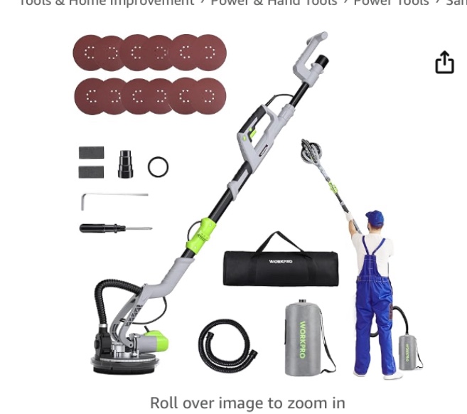 WORKPRO Drywall Sander, 720W Electric Sander with Vacuum, 7 Variable Speed 1100-1850 RPM Wall Sander with 12 Pcs Sanding discs, LED Light, Extendable Handle, Long Dust Hose and Storage Bag