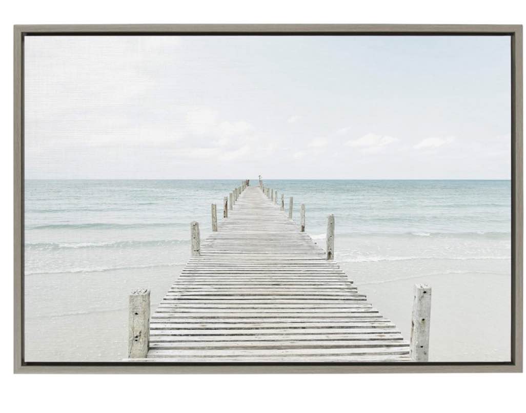 Kate and Laurel Sylvie Wooden Pier On The Beach Framed Canvas by Amy Peterson, 23x33 Gray