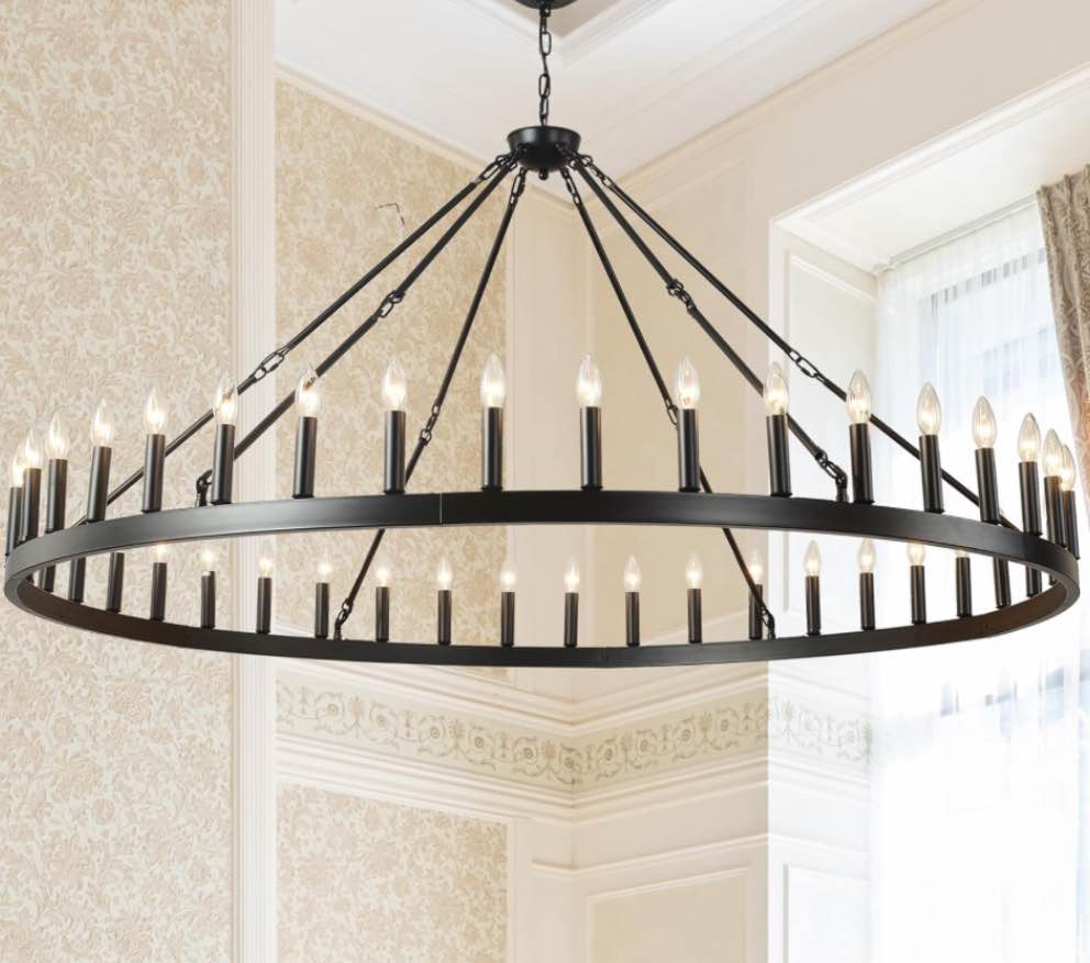 64 Inch Extra Large Black Wagon Wheel Chandelier 42-Light Farmhouse Wagon Wheel Chandeliers Round Industrial Ceiling Light fixtures for Outdoor Porch high Ceilings Living Dining Room Foyer Entryway