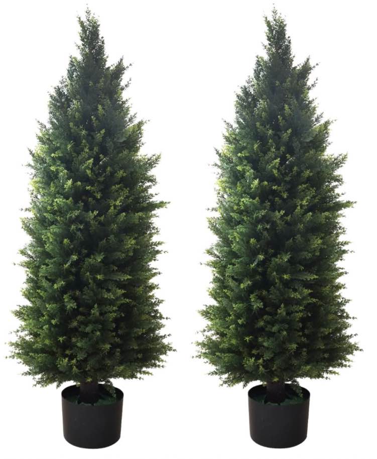 Artificial Topiary Tree 2-Set - Beautiful Realistic Faux Cedar Pines, 4 Feet Tall, UV Protection for Longer Life, Durable 6" Wide Heavy Duty Pots for Outdoor & Indoor Decor
