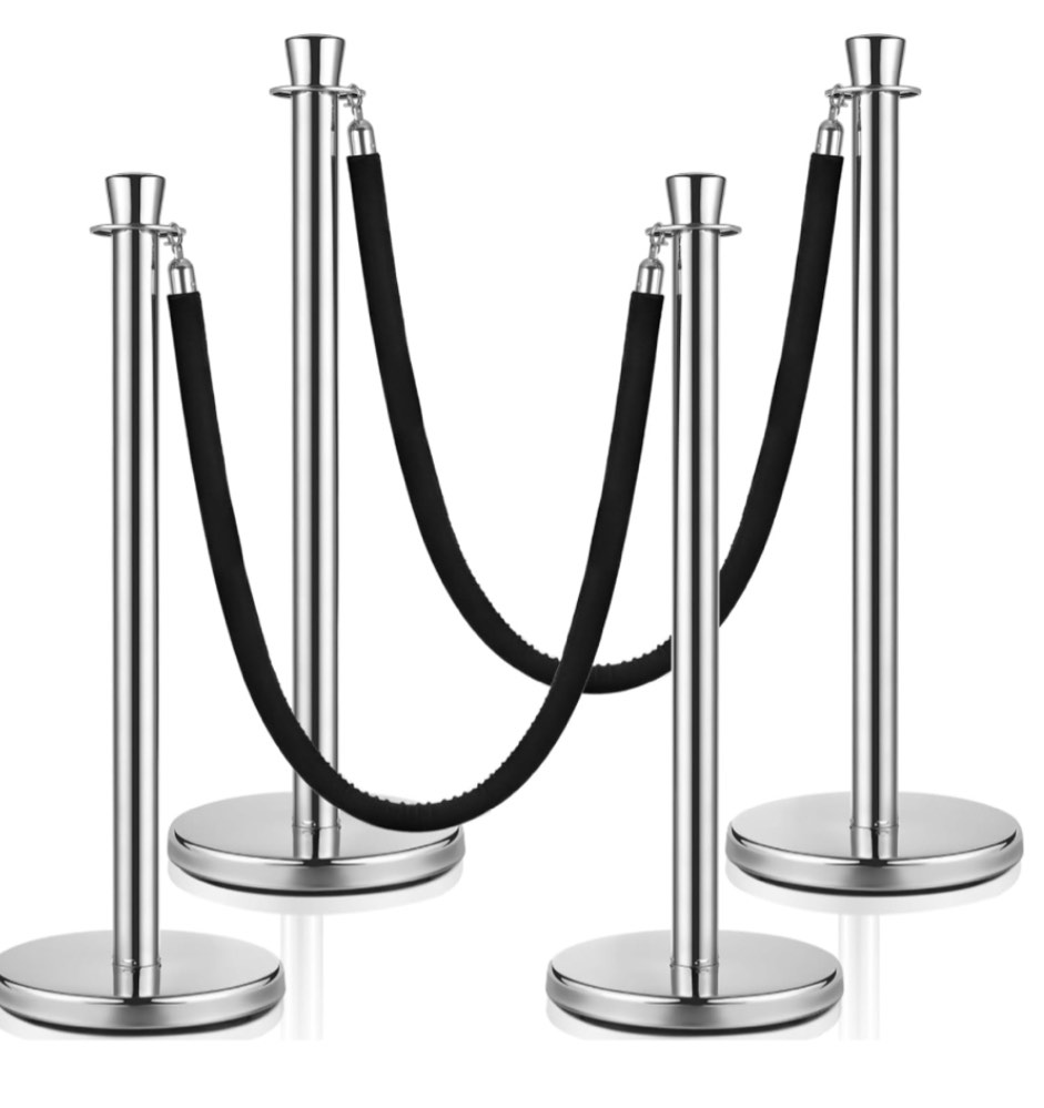 4 Pcs Stainless Steel Stanchion Post 2 Pcs 5 ft Velvet Rope Carpet Ropes and Poles Stanchions and Velvet Ropes Crowd Control Barriers Rope Safety Barriers for Party Theater (Silver, Black)