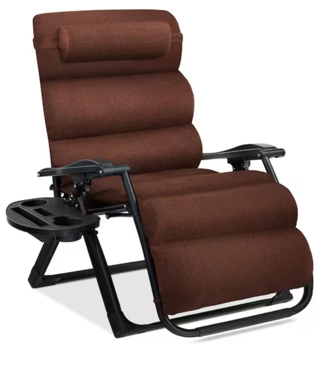 Zero Gravity Metal Folding Chair W/Removable Cushion, Side Tray, Tan Cushion