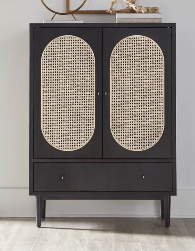 wayfair Bobby Berk white and oak Rattan Bar Cabinet