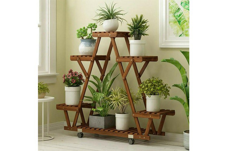 Movable Higher Wood Flower Shelf Plant Display Stand Outdoor Indoor Ample for 6 Pots