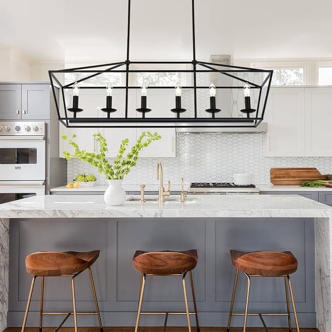 BONLICHT Modern Farmhouse Rectangle Dining Room Light Fixtures 6 Light Linear Chandelier Industrial Vintage Black Kitchen Island Pendant Lighting Classic Ceiling Lights with Adjustable Rods, E12 Base