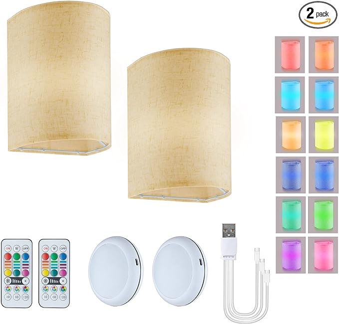 Rechargeable Wall Sconce Decor Set of 2,16 RGB Colors Dimmable Wall Sconce Light with Remote Control Fabric Shade, Wireless Wall Lights with Timer for Bedroom Living Room Hallway