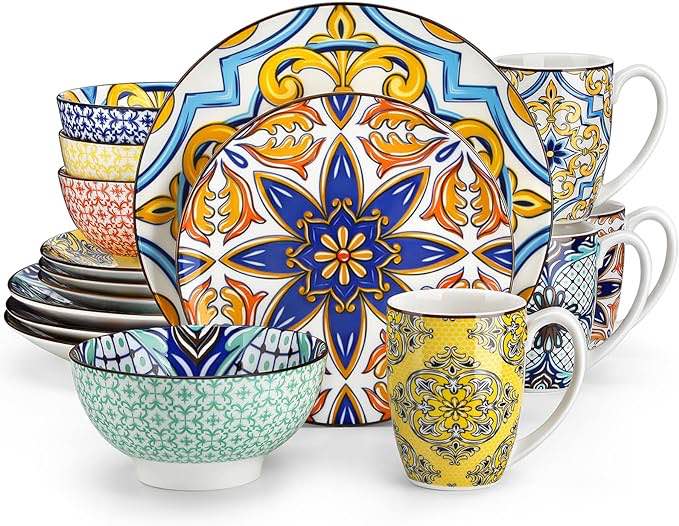 vancasso Jasmin Dinnerware Sets for 4 Colorful Porcelain Hand Painted Arabic Style Dinner Set 16 Pieces Combined Dinner Plates Dessert Bowls Mixed Color