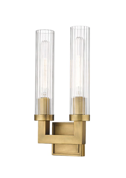 Beau 8.25 in. 2-Light Rubbed Brass Wall Sconce with Clear Glass Shade