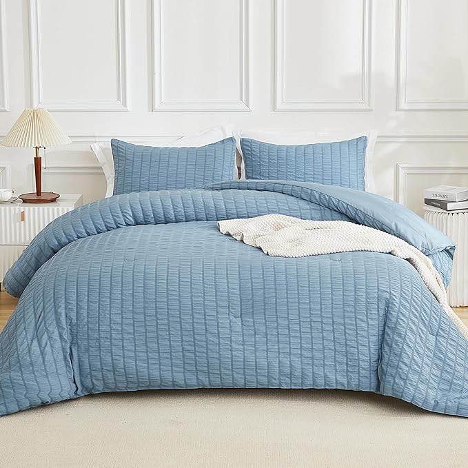 AveLom Seersucker  Comforter  Grayish Blue - Soft Microfiber Down Alternative Bedding