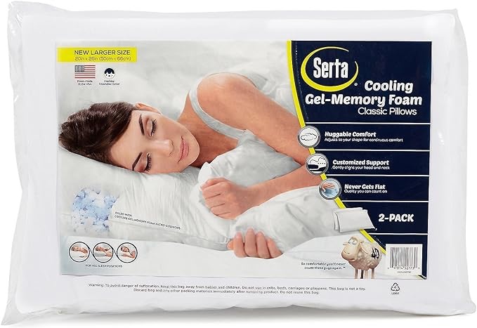 Serta Gel Memory Foam Pillows (Set of 2) Standard 20”x26” Cooling Technology Plus Bonus Pillow Protectors-(Set of 2)