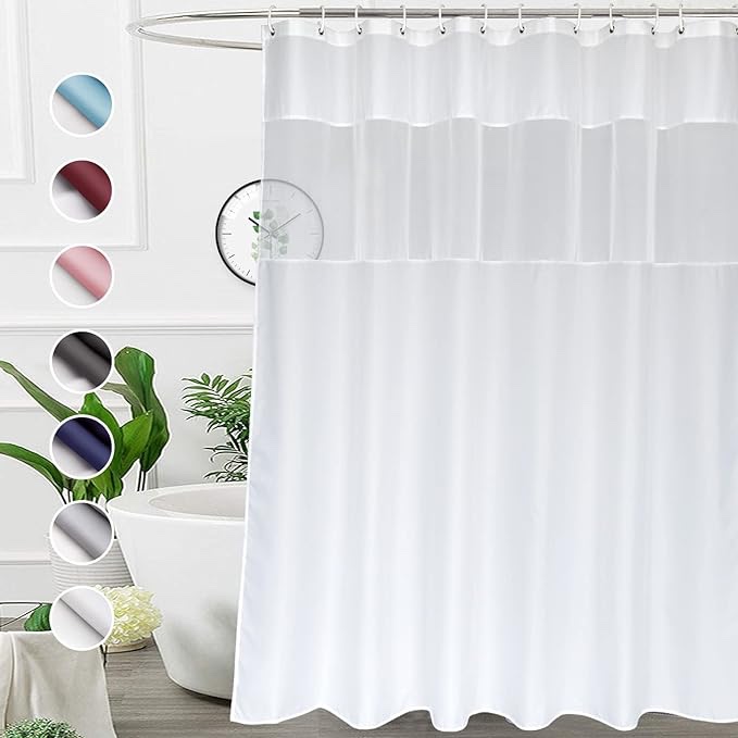 UFRIDAY White Shower Curtain with Light Filtering Window, Stall Size Fabric Shower Curtain Liner