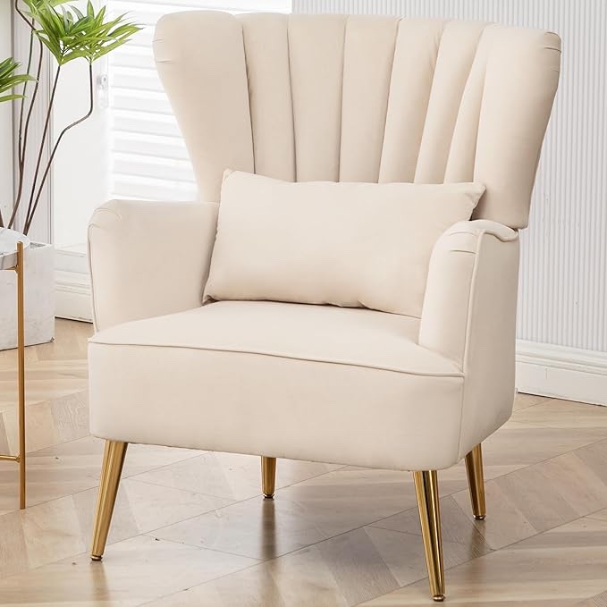 Accent Chair for Living Room - Wingback Arm Chair Modern Bedroom Sofa Velvet Upholstered Comfy Single Side Armchair with Pillow for Reading Room Beige