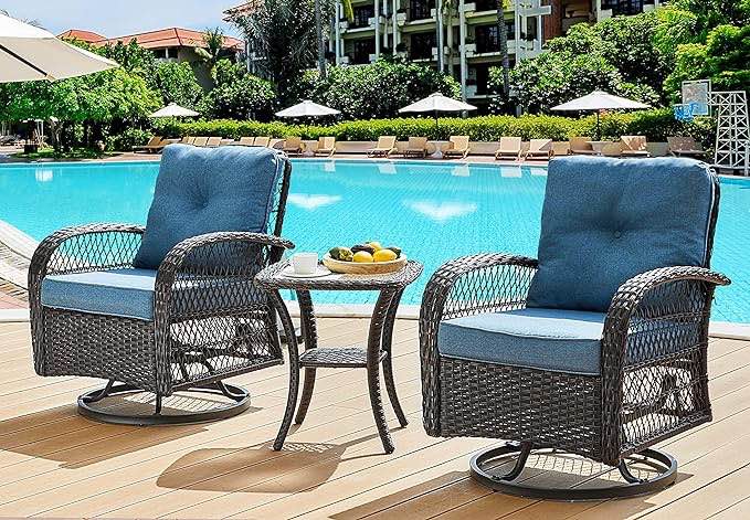 UDPATIO 3 Pieces Patio Furniture Set, Outdoor Swivel Gliders Rocker, Wicker Patio Bistro Set with Rattan Rocking Chair, Glass Top Side Table and Thickened Cushions for Porch Deck Backyard (Navy)