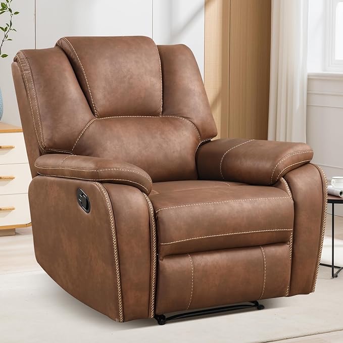 ANJ Manual Recliner Chair with Padded Headrest and Armrest, Overstuffed Reclining Chairs Comfy Faux Leather Recliners Single Sofa for Living Room