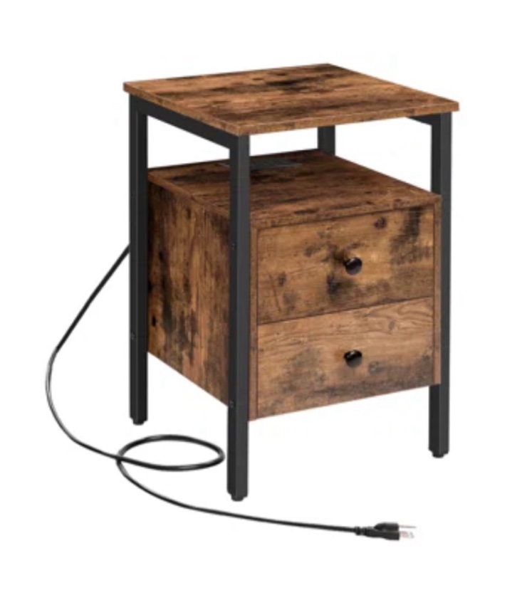 Pake 2 - Drawer 23.6" Tall Iron Nightstand with Storage and Built-In Outlets