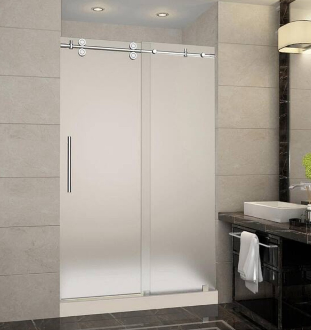 Langham 48 in. x 36 in. x 77.5 in. Completely Frameless Sliding Shower Door with Frosted in Chrome with Left Base