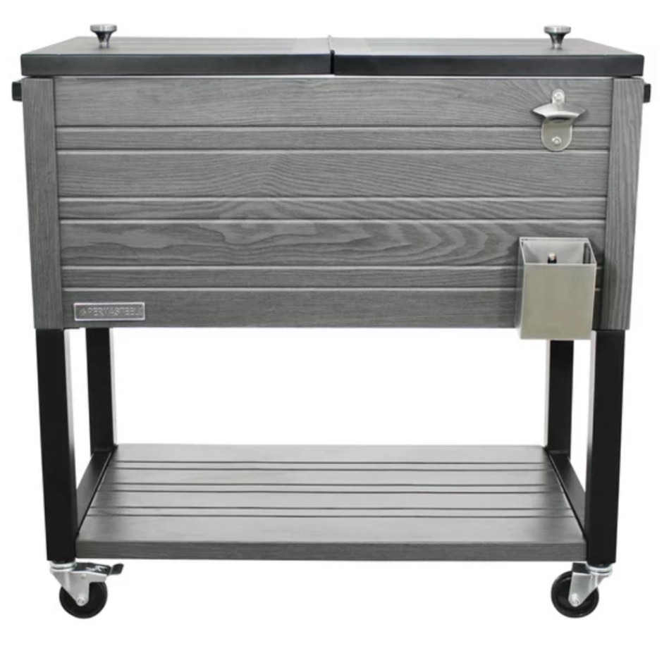 Permasteel 80 Quart Patio Cooler with Wheels, Rolling Outdoor Cooler, Wood Grain 