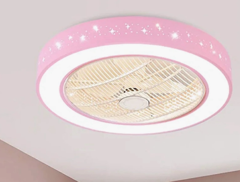 22" Modern Enclosed Round LED Ceiling Fan Light With Starry Sky Hollowed-Out Lampshade (Pink)