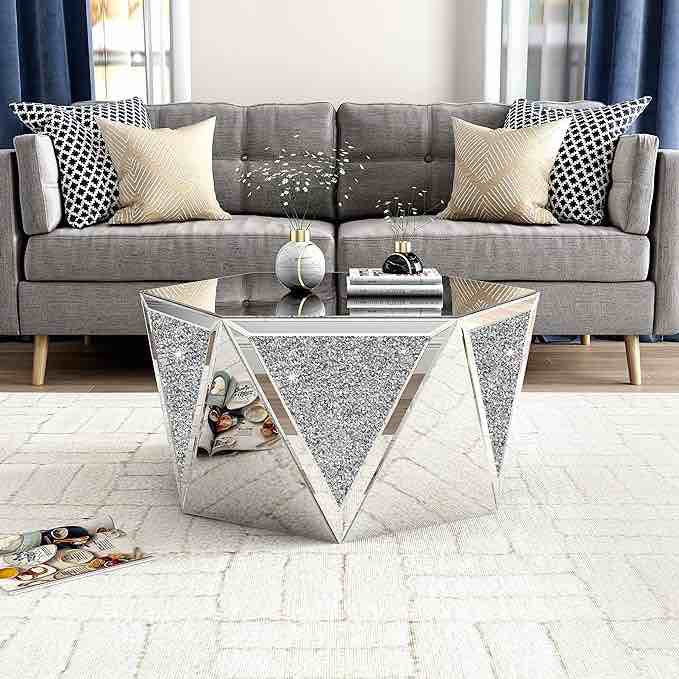 Drum Coffee Table Mirrored with Crystal Inlay, Hexagon Silver Accent Table, Modern Design Luxury Contemporary Furniture, 31.5‘’ Low Coffee Table for Living Room Fully Assembled