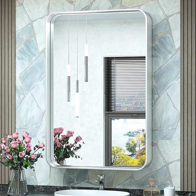 TokeShimi 16 x 24 Inch Silver Bathroom Wall Mirror Vanity Metal Frame Round Corner Rectangular for Home Decor Living Room Entryway (Horizontal/Vertical)