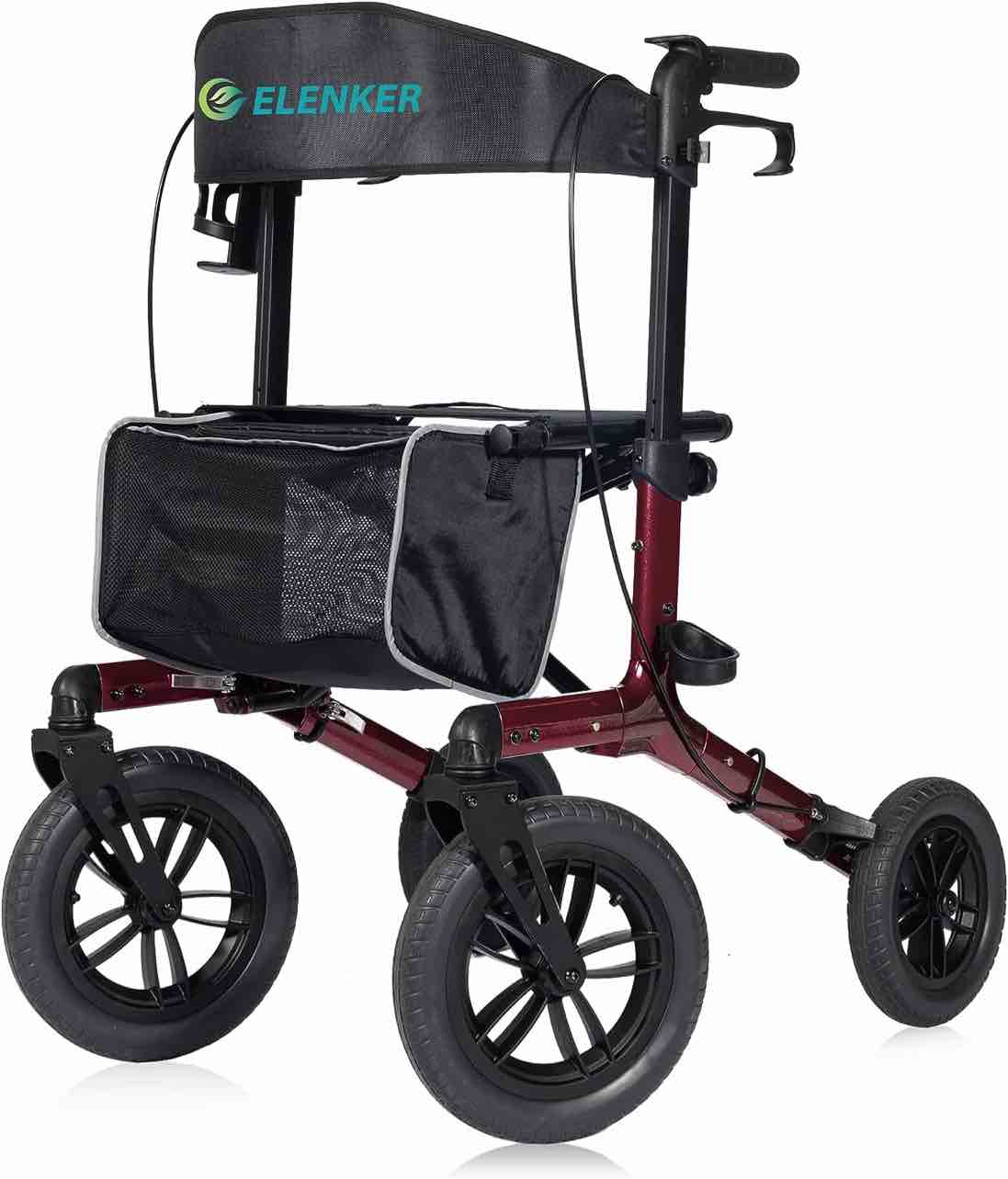 ELENKER All-Terrain Upright Rollator Walker, Stand up Rolling Walker with Seat, 12â€? Non-Pneumatic Tire Wheels, Compact Folding Design for Seniors, Red