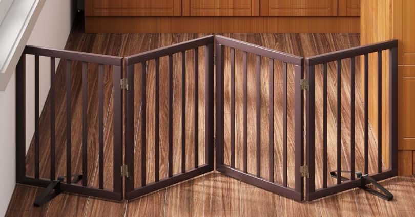 KOOPRO Wooden Dog Gate Freestanding Pet Gate for the House,Dog Fence Extra Wide Folding Gates for Dogs Indoor Stairs Doorways with Door Walk Through|2PCS Support Feet, Belts|4 Panels|30" Tall 80" Wide