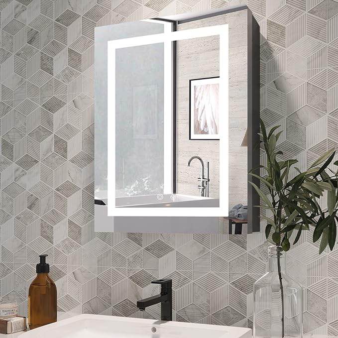 LIGMIRR 20×26 Inch Bathroom Medicine Cabinet with Lights, LED Medicine Cabinet with Mirror, Recessed or Surface Lighted Medicine Cabinet with Defogger, Right Door, Grey 20*26 Inch-Right Single Door