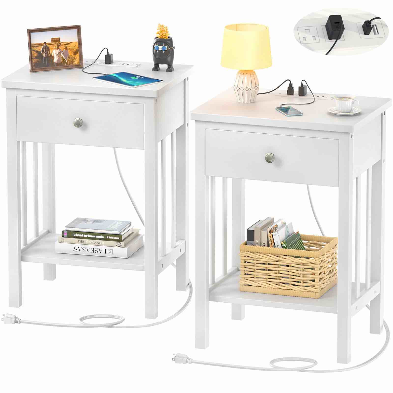 Homykic White Nightstand with Charging Station, Bamboo Nightstands Set of 2 with USB Ports and Outlets, Bedside Table End Table Side Table with Drawer and Storage Shelf for Bedroom, Easy to Assemble