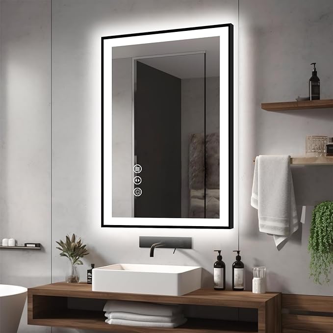24x36 LED Bathroom Mirrors for Wall -Black Aluminum Framed (Front and Backlit), Anti-Fog Vanity Mirror With Lights,Stepless Dimmable Lighted Mirror,3 Colors Smart Mirror(Horizontal/Vertical