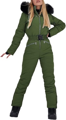 Aoysky Women Winter Onesies Ski Jumpsuit Outdoor Sports Snowsuit Fur Collar Coat Jumpsuit with Hoodies Ski Jackets and Pants, Size Large 