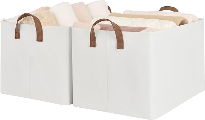 StorageWorks 45L Extra Large Fabric Storage Bins with PU Handles, Storage Baskets for Organizing, Large Laundry Basket, 2-Pack, Natural Color