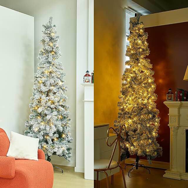 Shappy 7.5 ft Artificial Christmas Tree with Incandescent Warm White Lights 641 Snow Flocked Branches Christmas Pencil Slim Tree with Foldable Stand Skinny Christmas Tree Party Decoration