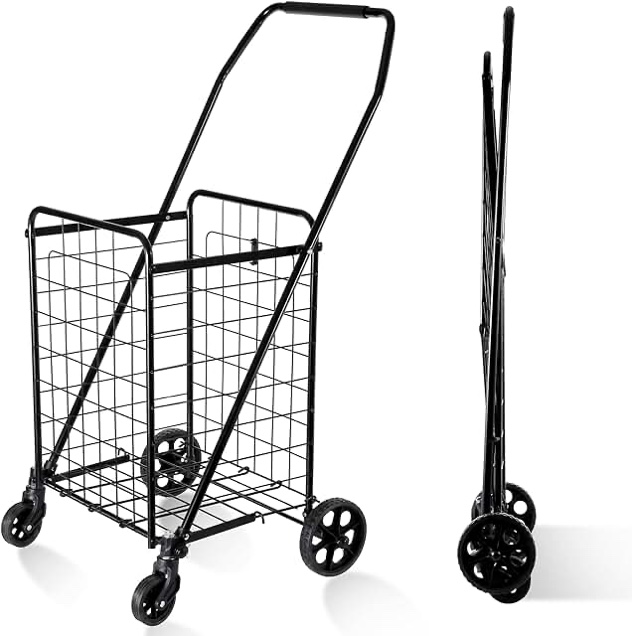 BIEAMA Folding Shopping Cart, Grocery Cart, 100 Lb Capacity, Utility Cart with 360° Rolling Swivel Wheels, Medium