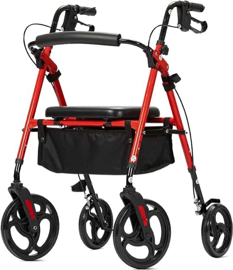 ELENKER ® YF-9007B Rollator Walker with 10” Wheels, Sponge Padded Seat and Backrest, Fully Adjustment Frame for Seniors Red