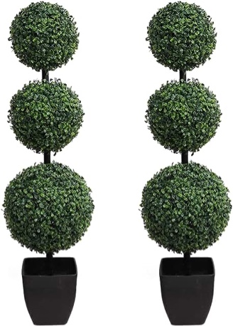 momoplant Artificial Topiaries Ball Tree Outdoor, 3.3ft Fake Topiary Triple Ball Boxwood Trees(2 Pieces), Faux Shrubs Plants Potted Green Decorative Indoor Porch or Garden(40inch)