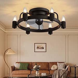 LUDOMIDE Ceiling Fans with Lights, Rustic Low Profile Ceiling Fan Light, Farmhouse Flush Mount Ceiling Fan with Light 20" Black Rustic Vintage Ceiling Fan for Bedroom, Kitchen (Modern Reversible)
