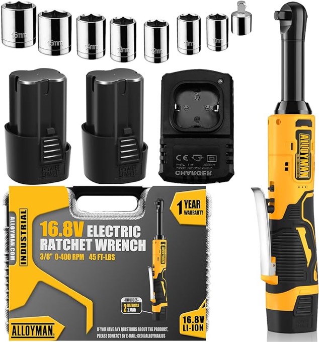 16.8V ELECTRIC RATCHET WRENCH 3/8 0-400 RPM 16.8V 2.0Ah Li-Ion Cordless Ratchet Wrench Kit, Yellow, 400 RPM, 7 Sockets, 1/4 Inch Adapter, 1 Hour Fast Charge