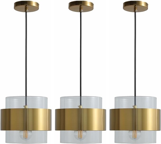 MINS Familio Modern Decor Adjustable Pendant Lamp Kitchen Island, Cylinder Glass Shade Gold Ring Ceiling Chandelier Indoor Lamps for Dining Room Shop Restaurant (Clear, 3-Pack 1-Light Rod Hang)
