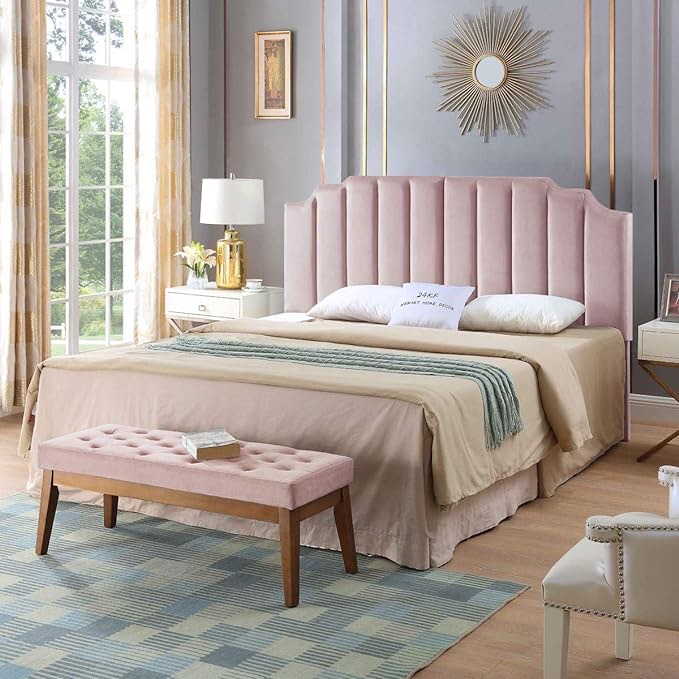 24KF Modern Velvet Upholstered King/Cal King Headboard, Tufted Headboard for King/Cal King Bed, Modern Vertical Channel Design with Curved Tufted-Pink