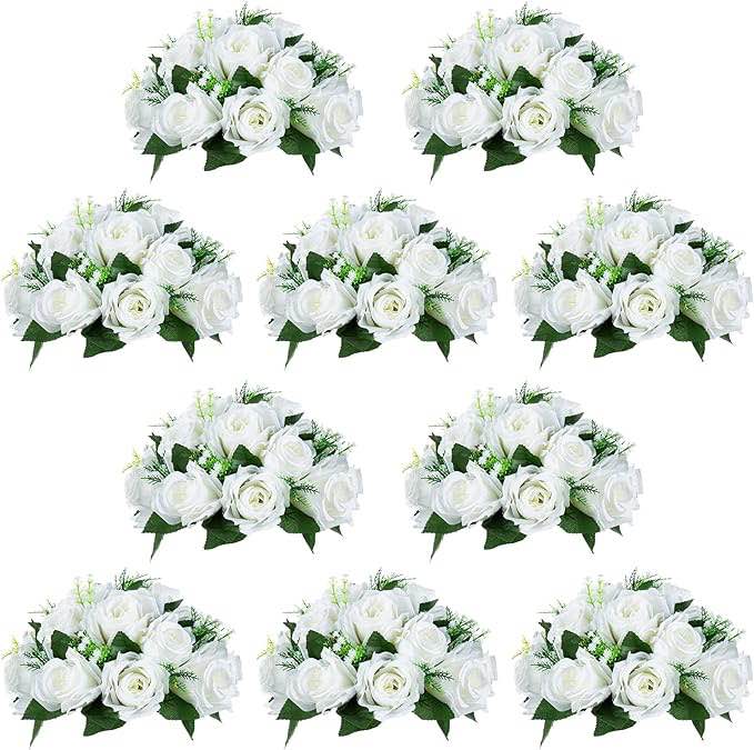 NUPTIO Pcs of 10 Fake Flower Ball Arrangement Bouquet,15 Heads Plastic Roses with Base, Suitable for Our Store's Wedding Centerpiece Flower Rack for Parties Valentine's Day Home Décor (Pure White)