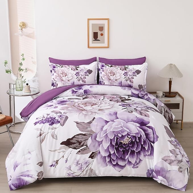 7 Piece Comforter Set, King, Putple Floral