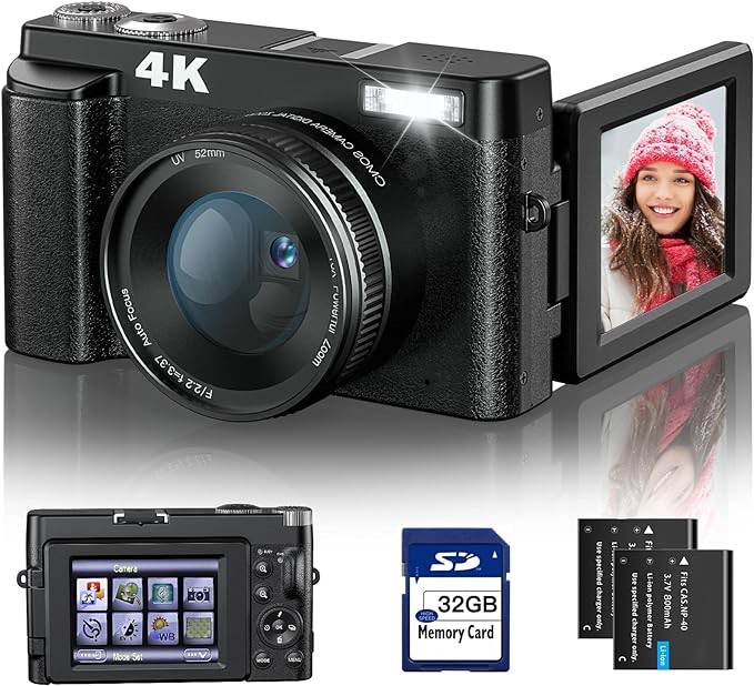 4K Digital Camera for Photography and Video Autofocus Anti-Shake, 48MP Vlogging Camera with SD Card, 3'' 180° Flip Screen Compact Camera with Flash, 16X Digital Zoom Travel Camera