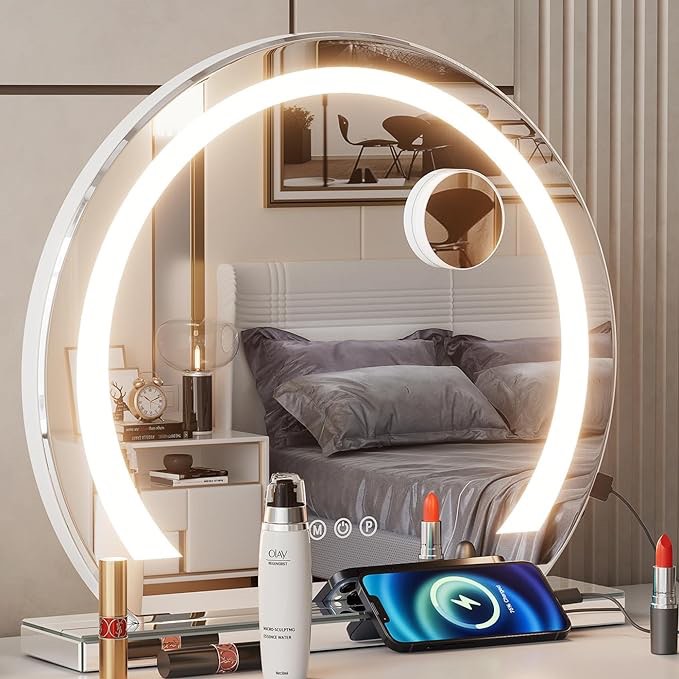 RICHTOP Large Vanity Mirror with Lights?Led Makeup Mirror, 23×18 Inch Lighted Makeup Mirror with USB Outlet 3 Color Dimmable Memory Lighted Tabletop & Wall Mounted Mirror Rectangular 23x18"