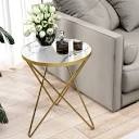 Modern Round Side Table, End Table with Marble Effect Top and Gold Metal Frame, Small Side Table for Living Room, Bedroom, Sofa and Couch, Gold Legs, White Marble top