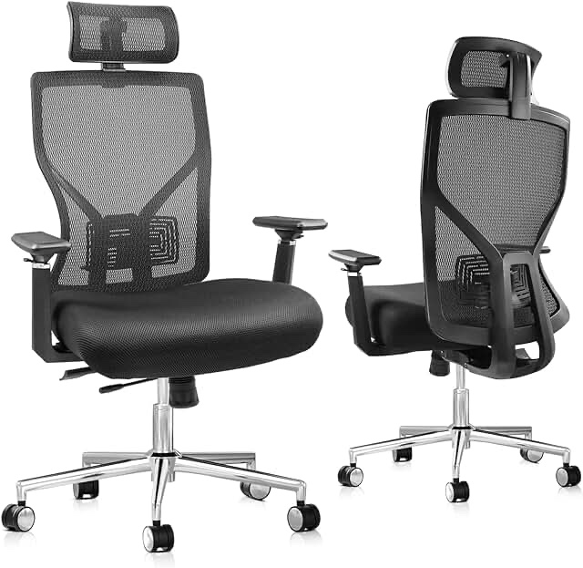 Soohow Ergonomic Home Office Chair,Ergonomic Desk Chair with Back Support,3D Armrest and Adjustable Headrest,High Back Mesh Office Chair for Heavy People,Grey