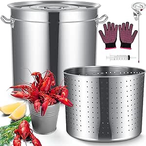 Geetery Stainless Steel Seafood Boil Pot with Basket, Stock Pot with Strainer Turkey Fryer Crab Crawfish Lobster Boil Pot with Injector Thermometer and High Temperature Resistant Gloves Kit (36.9 Qt)