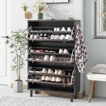 Gadroad Shoe Cabinet, Modern Slim Hidden Shoe Organizer, Tipping Shoe Rack with 2 Flip Drawers, Entryway Narrow Shoe Storage for Living Room 9.45D x 29.53W x 43.3H (Black, 4 Tier-L)