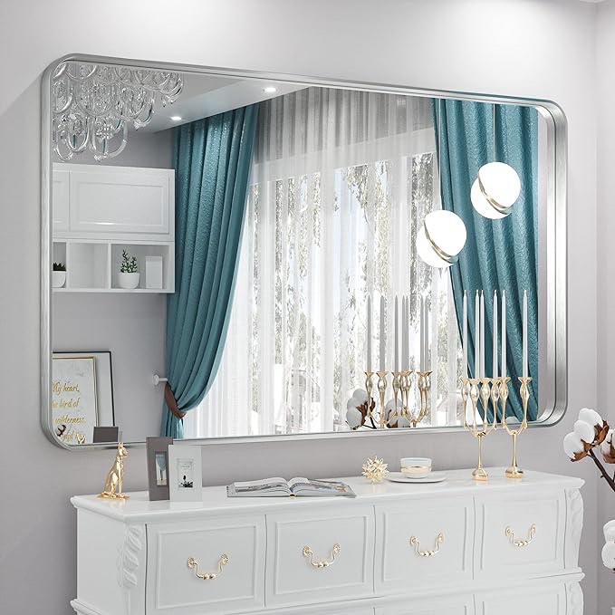 TETOTE 55 x 36 Inch Silver Mirror for Bathroom, Brushed Nickel Framed Modern Farmhouse Rectangle Large Wall Mounted Mirror for Double Vanity (Horizontal/Vertical)