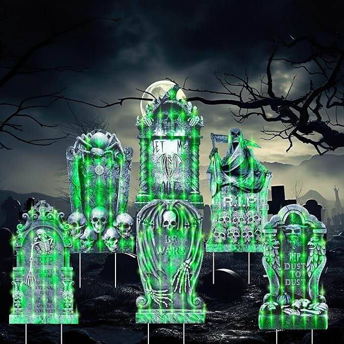 Retisee 6 Pcs 27 Inch Halloween Tombstone with LED Lights Giant Skeleton Tombstone Halloween Light up Graveyard Outdoor Yard Decoration Creepy Garden Lawn Signs for Haunted Houses Cemetery (Horror)